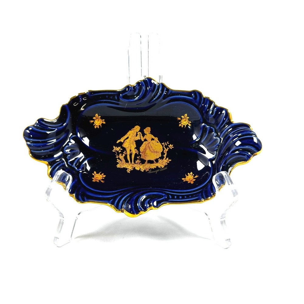 Limoges 22k Castel France Cobalt Blue Gold Porcelain Trinket Dish Courting Coupl